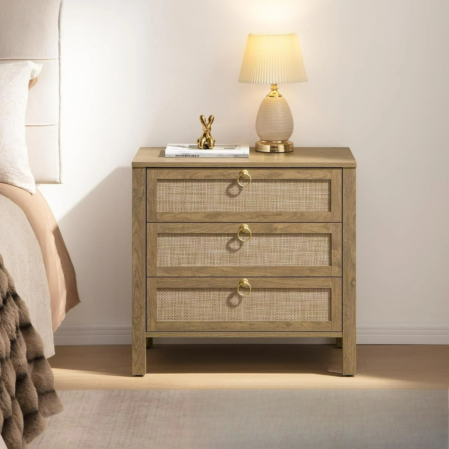 

Minimalist Queen Cane Bedside Table With Gold Handle, 3 Drawers, High Side Table