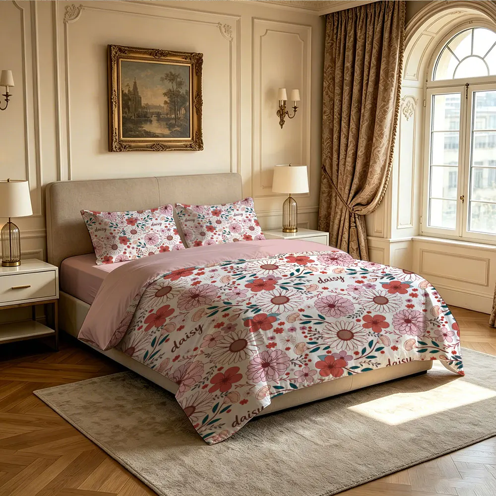 3pcs Spring Colored Floral Print Coreless Duvet Cover Set, Multi Size Comfortable Bedroom Bedding Decoration, Machine Washable