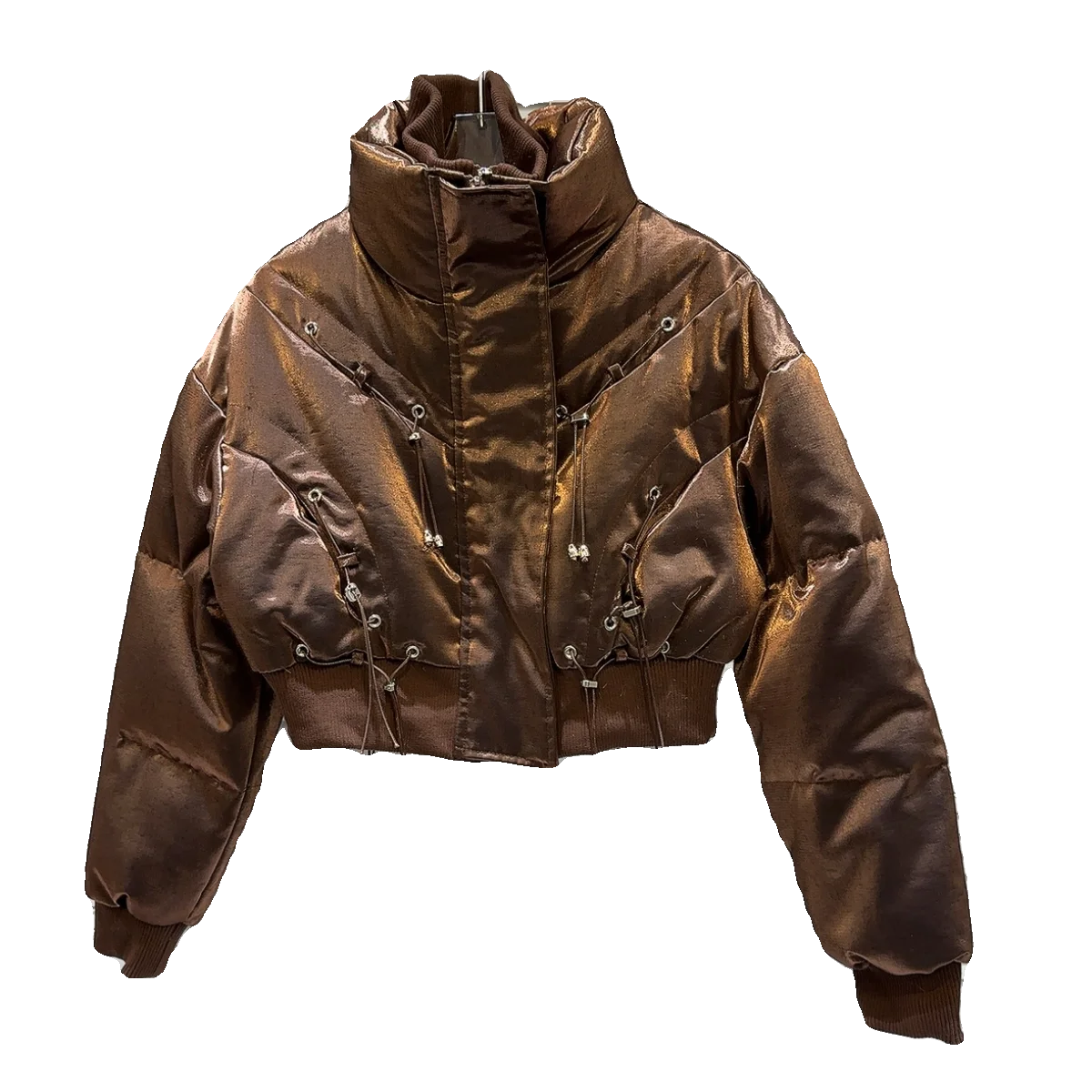 トレンディな冬用ダウンジャケット、ストリートスタイル、暖かさ、紐付きストラップ、二重層の襟、若い女性向け