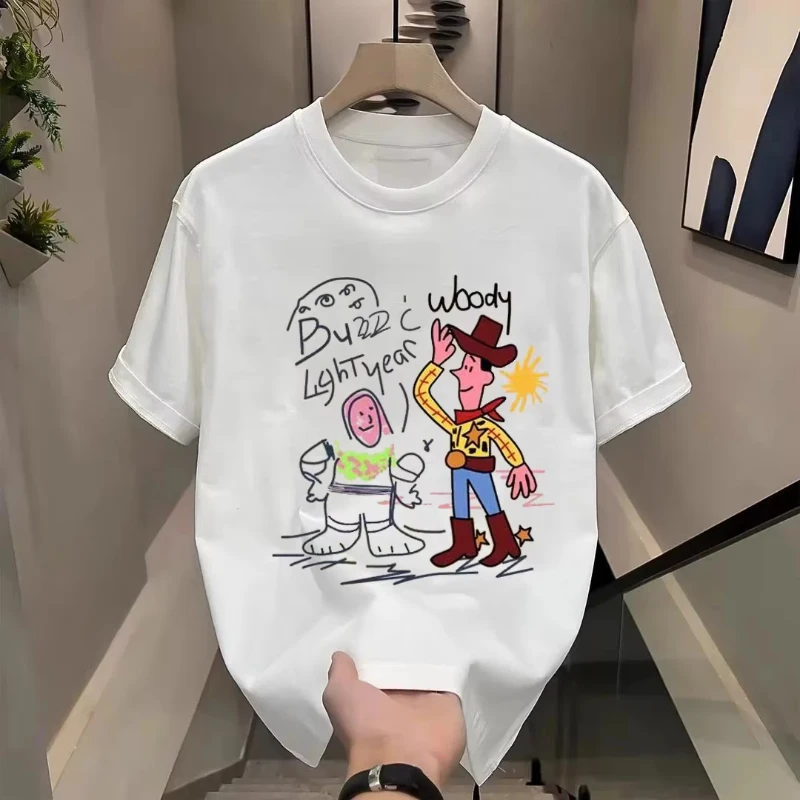 

MINISO, новинка 2025 года, свободная футболка с короткими рукавами Disney Toy Story, мужская и женская летняя хлопковая футболка с короткими рукавами и ленивым ветром