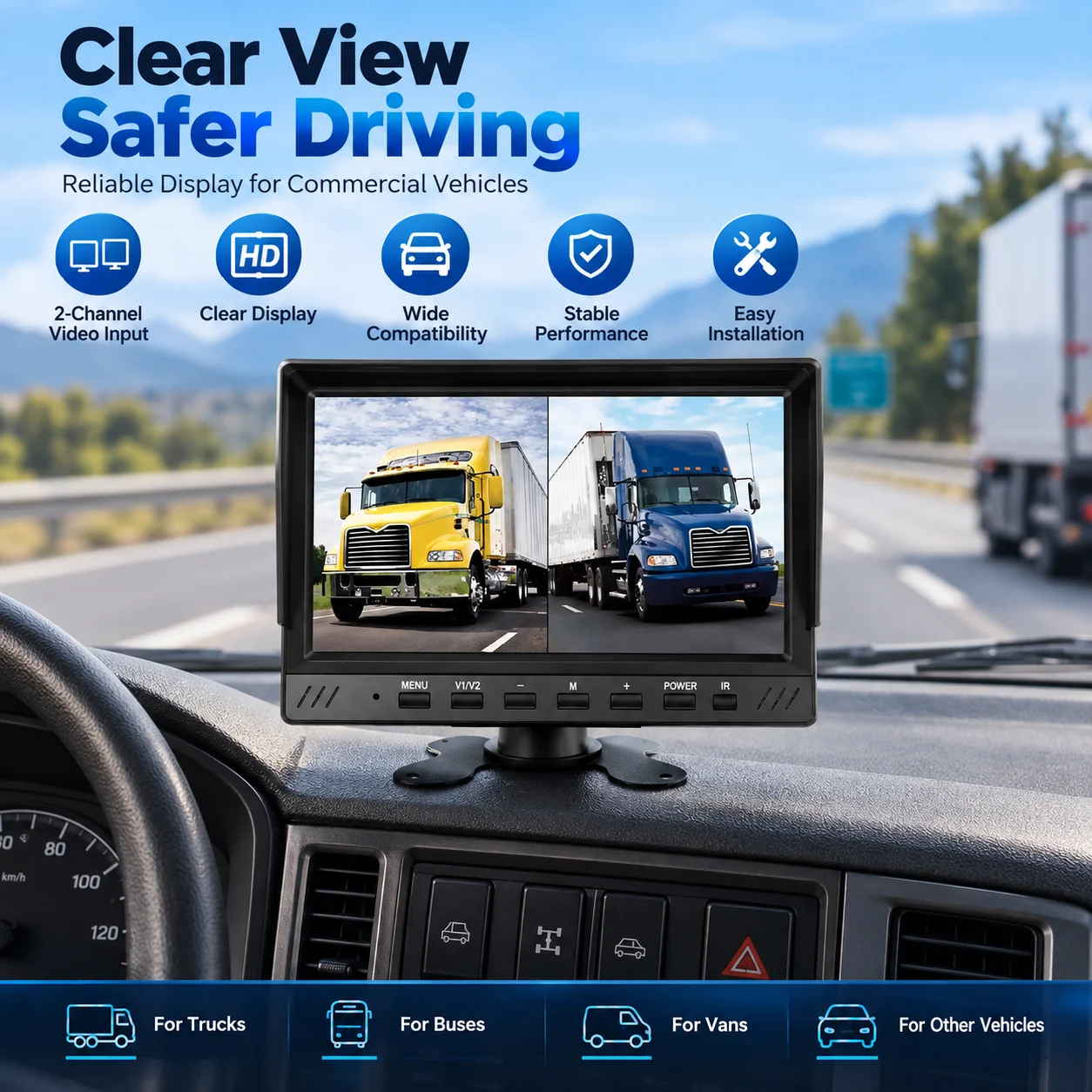7 Inch IPS 1024*600 AHD 2CH Split Screen Truck Monitor Voice Control + AHD Camera + Cable Kit For Truck Bus RV Trailer 12-24V