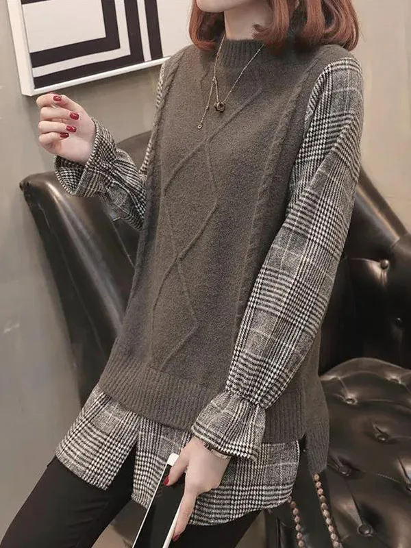 Loose Korean Style Women's Knitted Sweater Fake Two-Piece Bell Sleeve Tunic Top Spring Autumn Plaid Pattern Casual Fashion