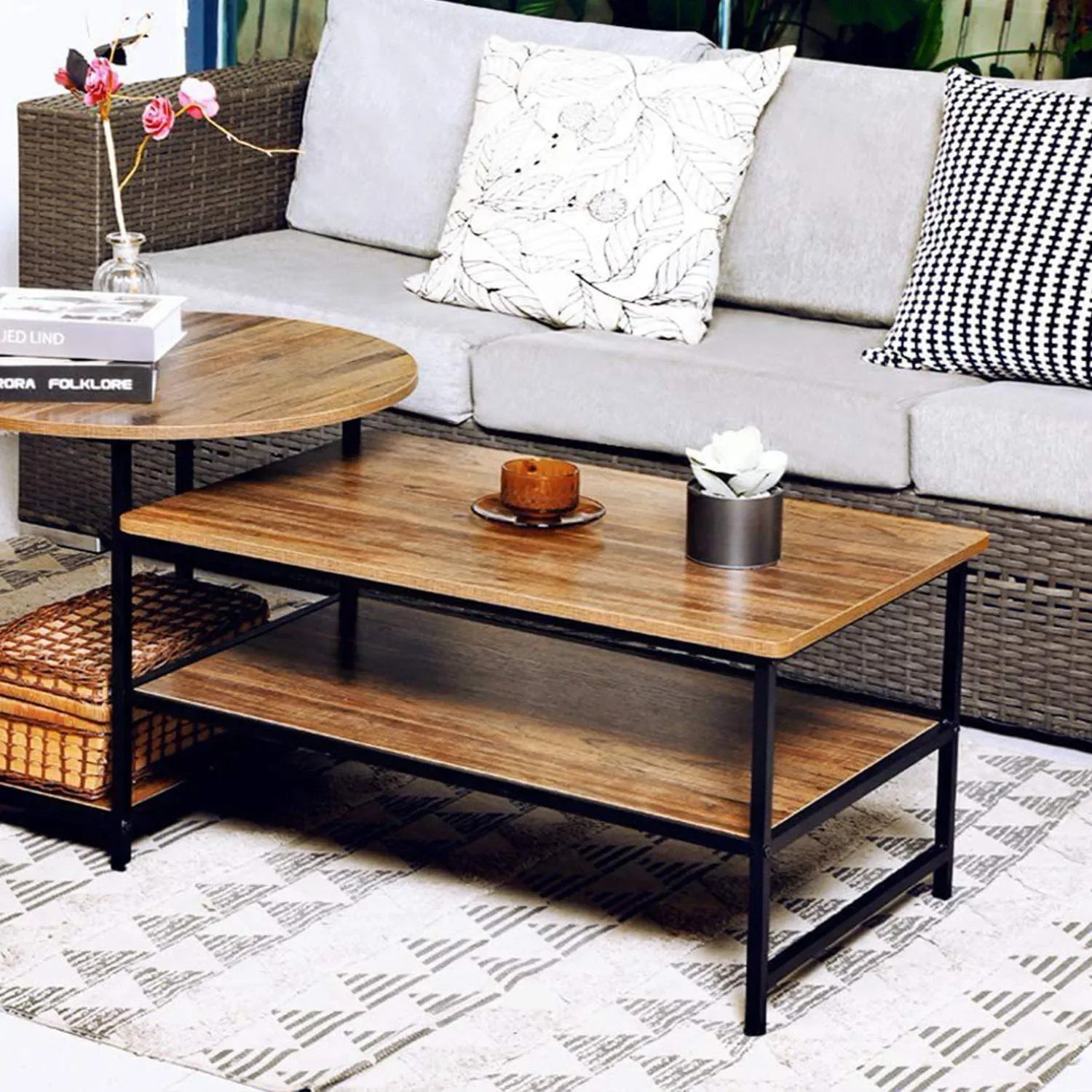 

-Modern 2 In 1 Design Round And Rectangular Coffee Table For Living Room