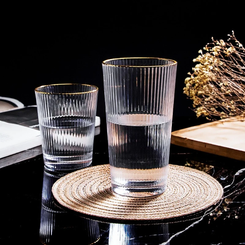 European Vertical Striped Glass Cup for Juice Breakfast Gold Rim Dense Rim
