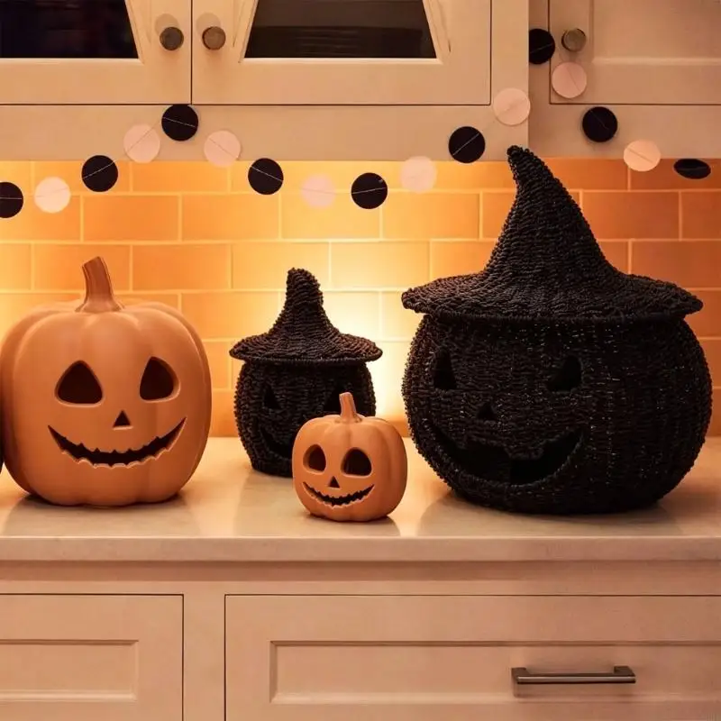 Woven Faux Rattan Black Pumpkin Holder for Fall Tabletop, Shelf Styling A2BB