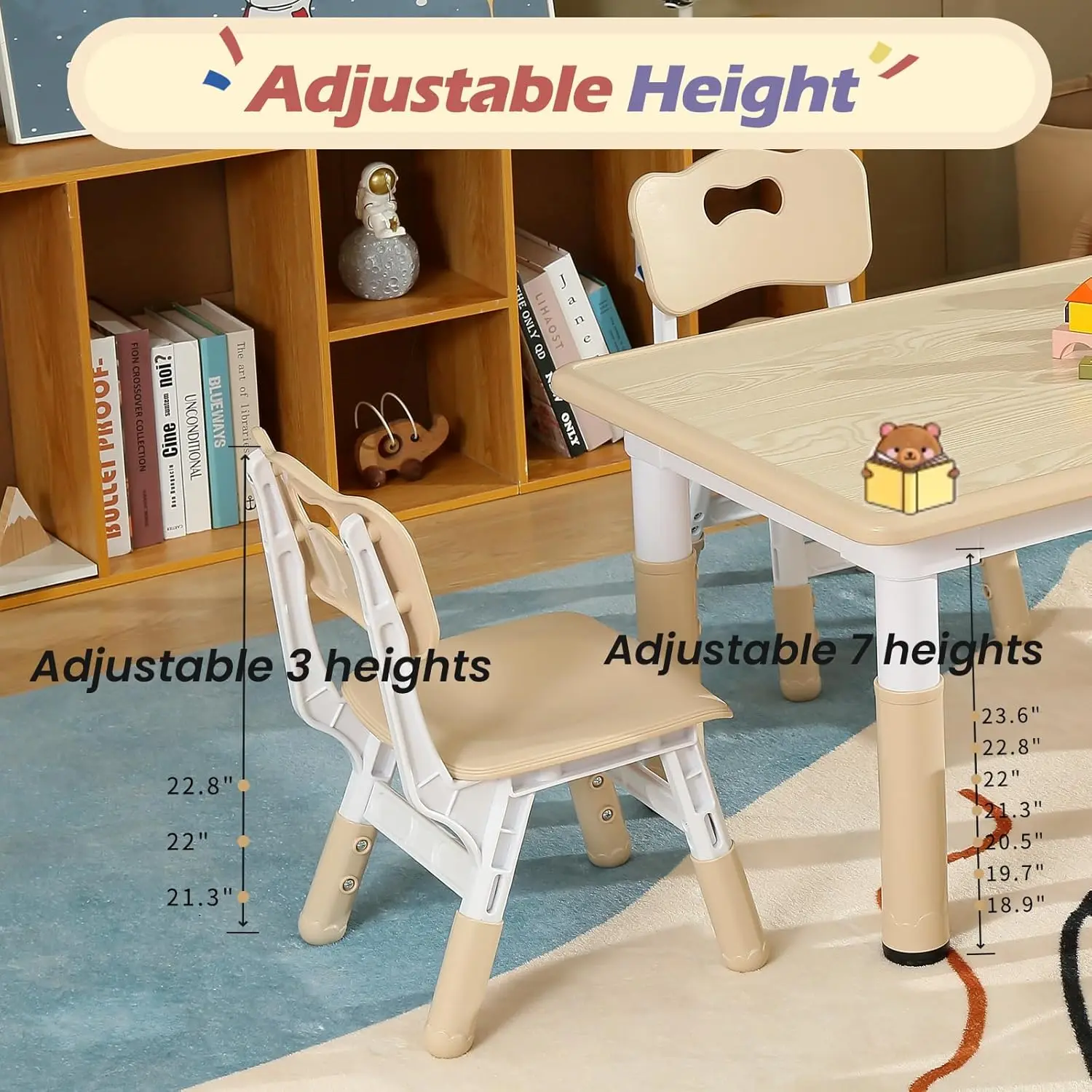 Juego de mesa y 2 sillas para niños pequeños, juego de mesa y silla para niños pequeños, altura ajustable, 31,5 ''L x 23,6'' W