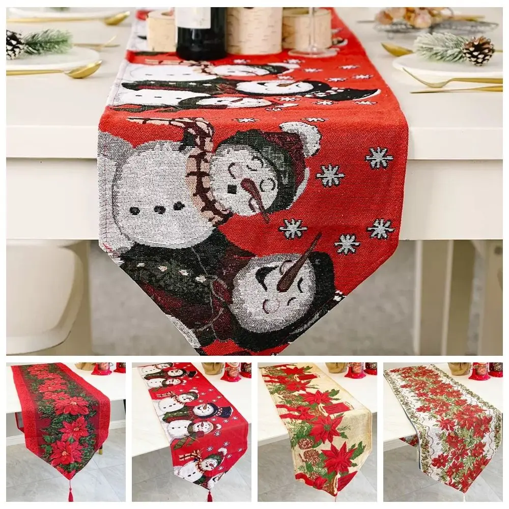 

Tassel Christmas Table Runner Printed Rectangle Table Cover Knitted Cloth Long Snowman Tablecloth Festival Party Supplies