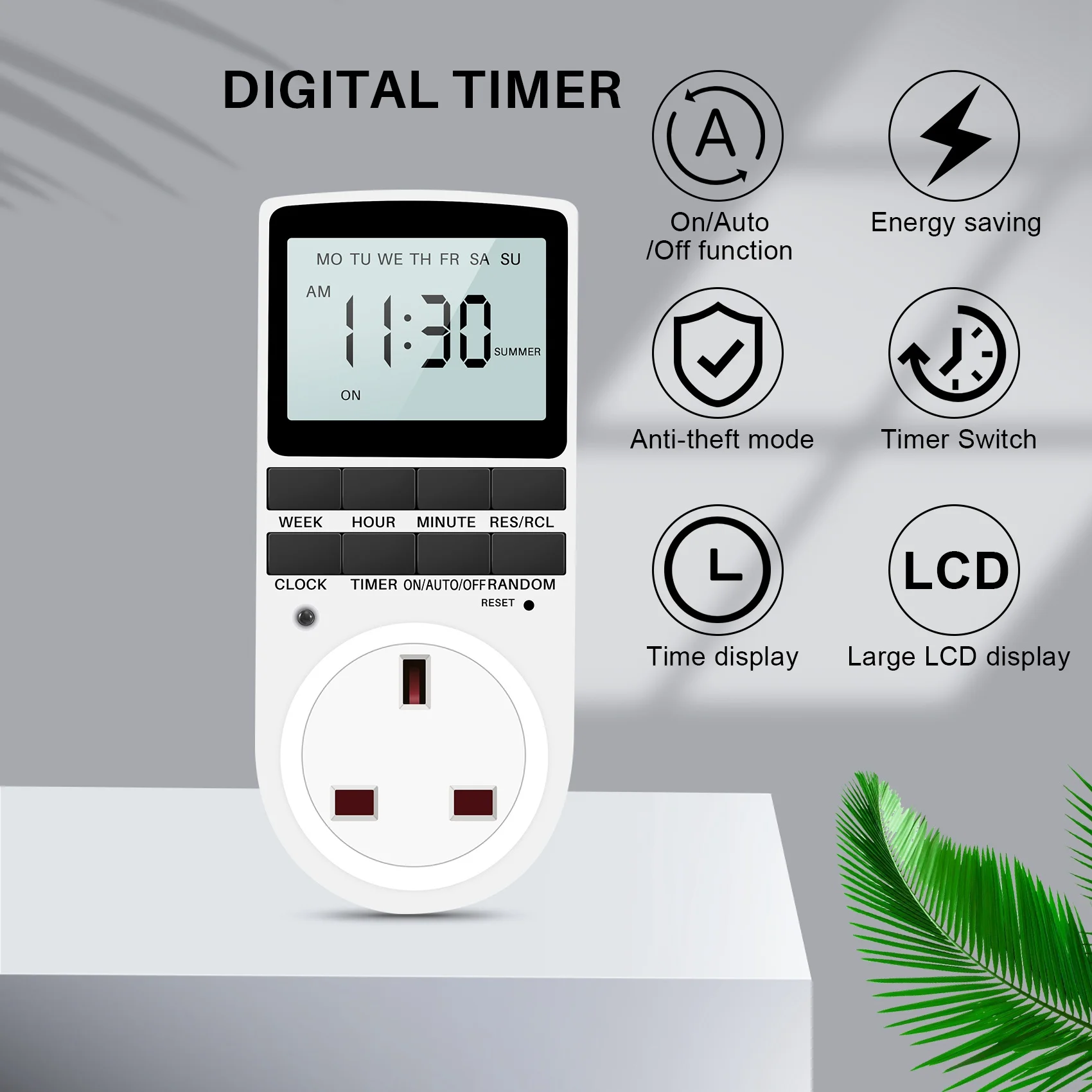 ABUOUk Plug Digital Timer Plug Socket, Electrical Programmable Plug In Timer Switch For Light, B And More, With Large Lcd