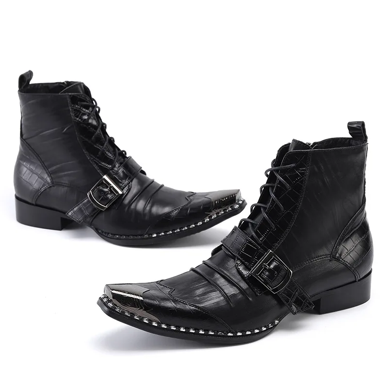 Men\'s Ankle Boots Buckle Strap Decoration Metal Pointed Toe Business Genuine Leather Zipper Cowboy Motorcycle Boots