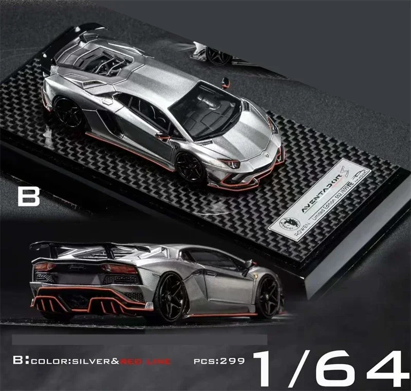 YM Model 1:64 Aventador S Silver Rowen Sticker / Red Line Resin Model Car