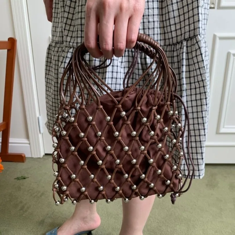 

Handmade Beaded Bag For Women Luxury Exquisite Hollow-out Woven Bead PU Leather Party Mini Handbag with Canvas Inner Bag