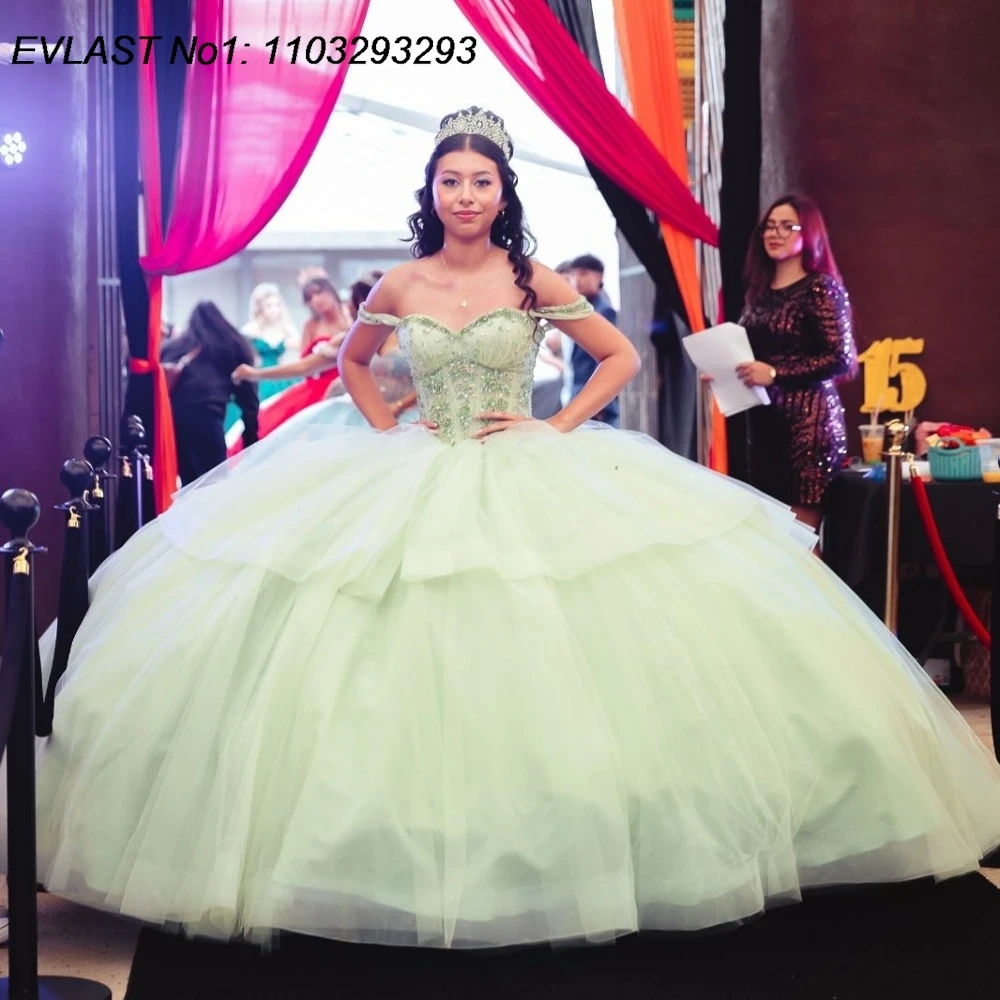 

EVLAST индивидуальное мятное платье Quinceanera, бальное платье с блестящей кружевной аппликацией, украшенное кристаллами и бисером, Sweet 16, Vestidos De 15 Anos E1QN578