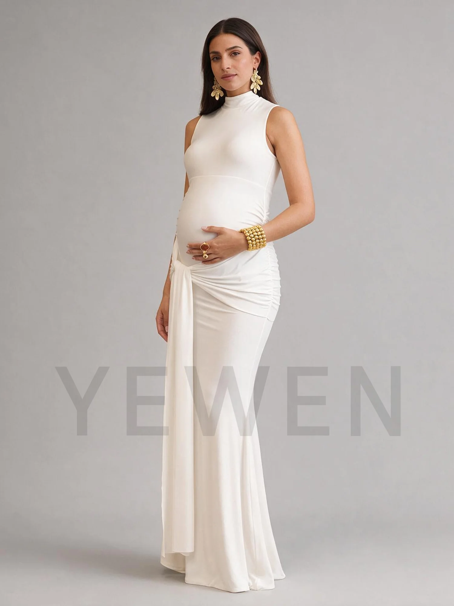 High Neck Fitted Maternity Dress for Baby Shower with Draped Tie Waist Pregnancy Photoshoot Dress