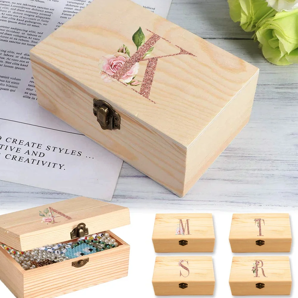 Plain Wood With Lid Multi-Function Hinged Box Home Sundries Storage Box For Earrings Necklace Jewelry Rose Gold Letter Pattern