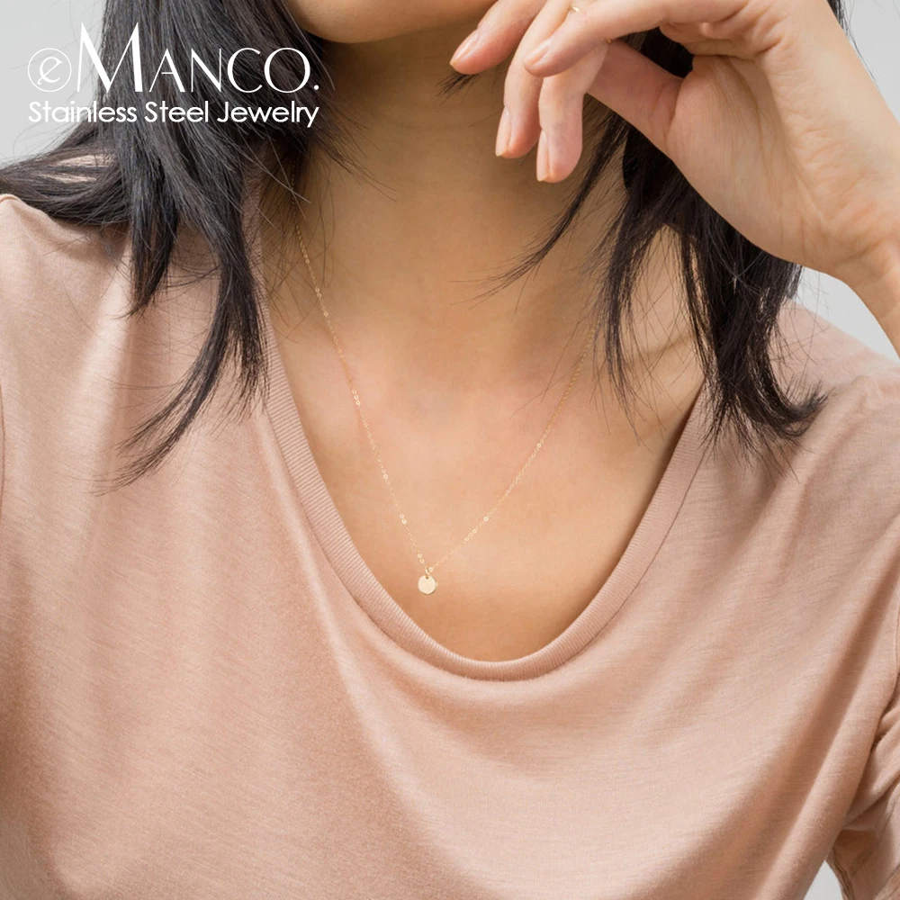 EMANCO Women's Simple Round Pendant Necklace Stainless Steel Clavicle Necklace Long Chain Fashion Jewelry Statement Girl's Gift