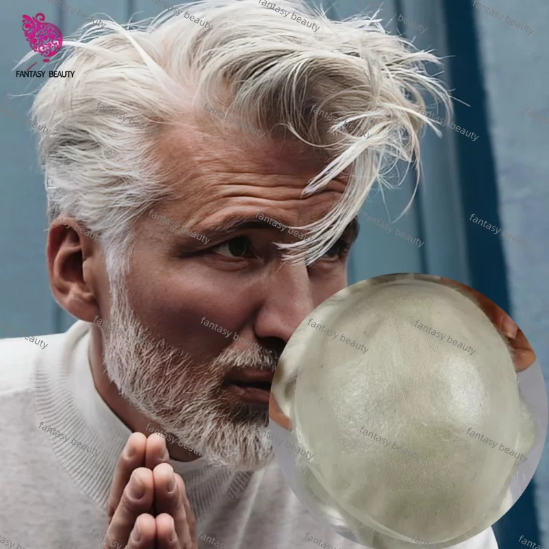 Белый Серый 60RY 1B80 550 Натуральная линия волос Мужской парик Человеческие волосы Микрокожа Капиллярный протез Прочный Полный парик из тонкой кожи