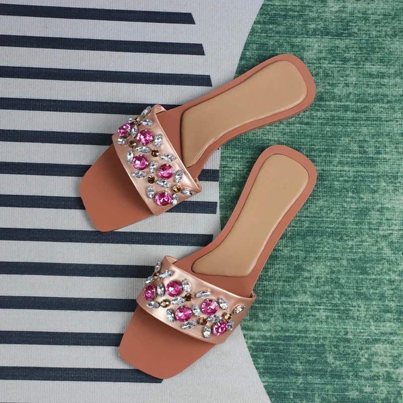 Z Brand Design Summer New Women Sandals Fashion Flat Heels Beach Slides for Female Flower Colorful Diamond Outside Shoes