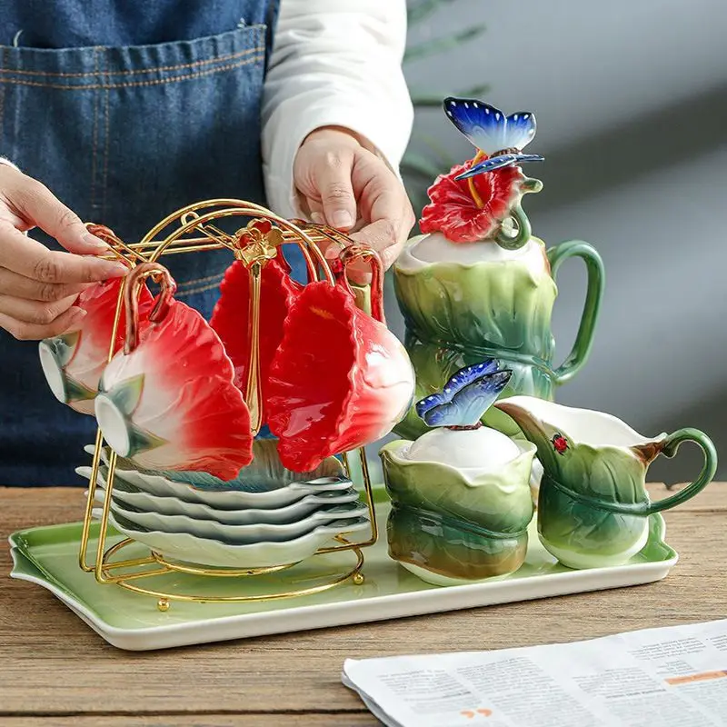 Pastoral Flower Series Afternoontea Drinkware With Cups Holder Enamel Craft Ceramic Tea Set Crockery Coffee Cup And Saucers