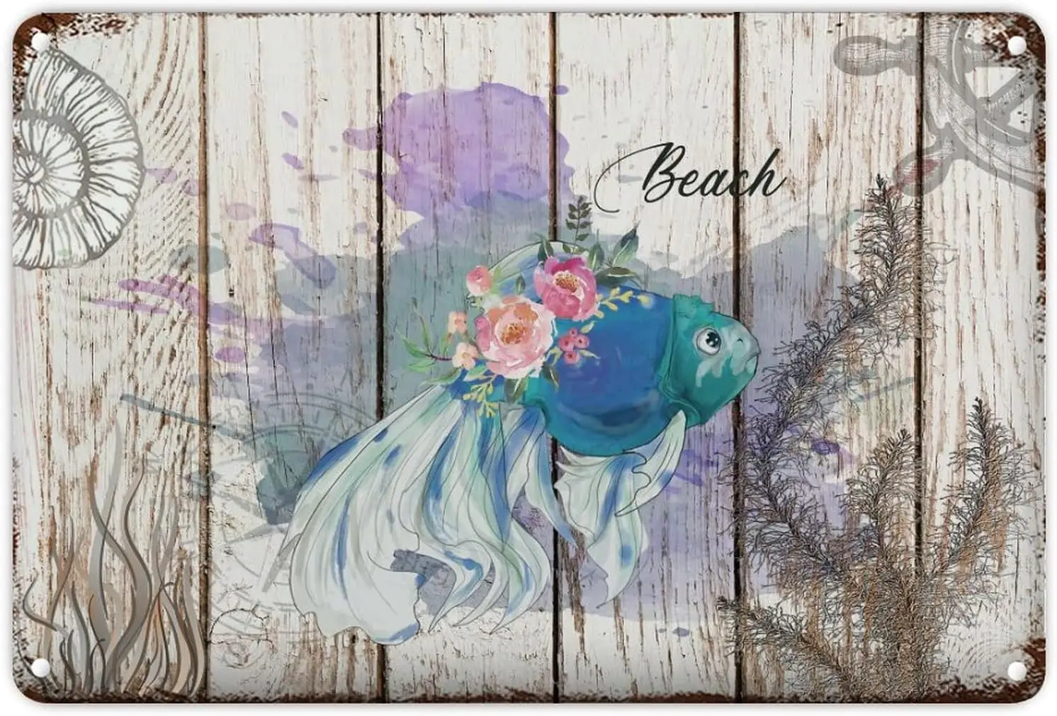 Sea Ocean Life Coastal Beach Tropical Theme Vintage Retro Tin Sign Plaques Wall Decor Home Sign Fish on Teal Board Metal Sign Po