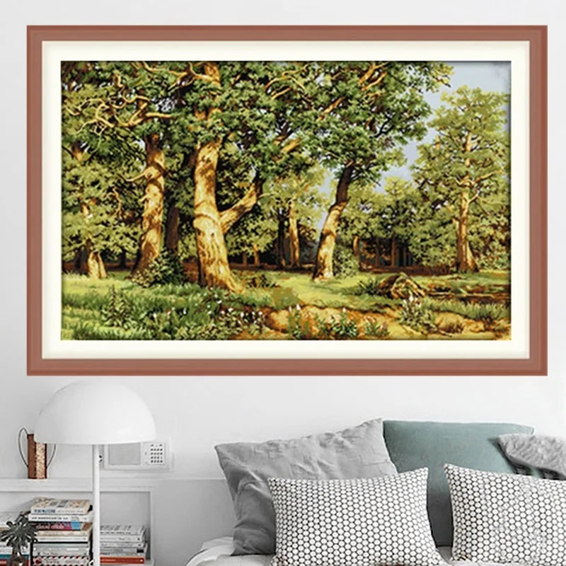 

Современный упрощенный набор для вышивания крестиком: Дерево, привлекающее богатство, лесной пейзаж, ручная вышивка для гостиной, хлопковая ткань