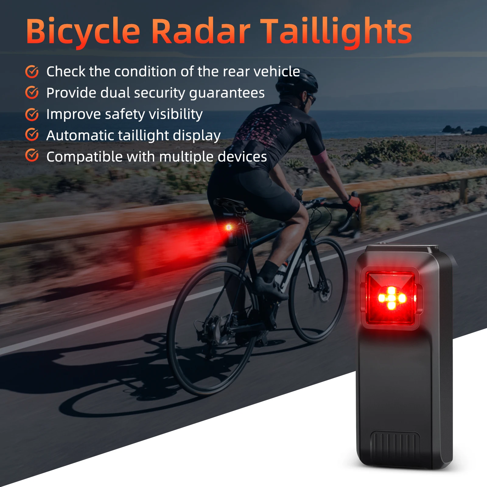 Rockbye W100 Bicycle Rearview Radar Taillight Type-C Rechargeable IPX6 Waterproof 5 Modes Blind Spot Monitor Safe Rear Lamp