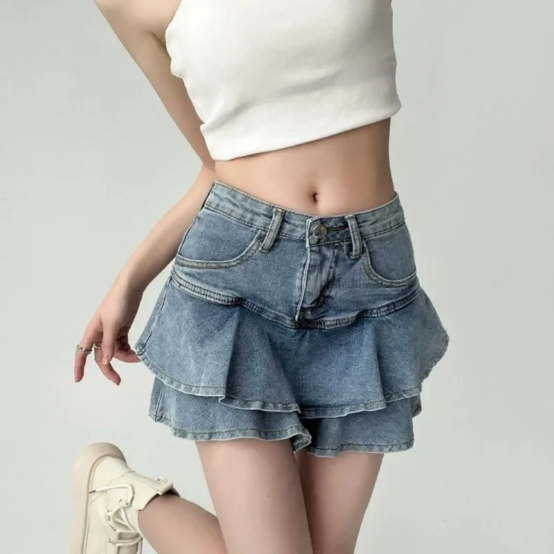 2025 New Casual Korean Style Y2k Skirts Women Summer Ruffles Mini All-match Slim Simple Denim Retro Schoolgirls Streetwear Skirt