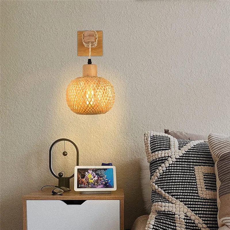ABZV-Retro Wandleuchte, gewebtes Rattan, Holz, Wandleuchte, Wohnzimmer, Nachttischlampe, Vintage-Schlafzimmer, Dekoration, Beleuchtung-A