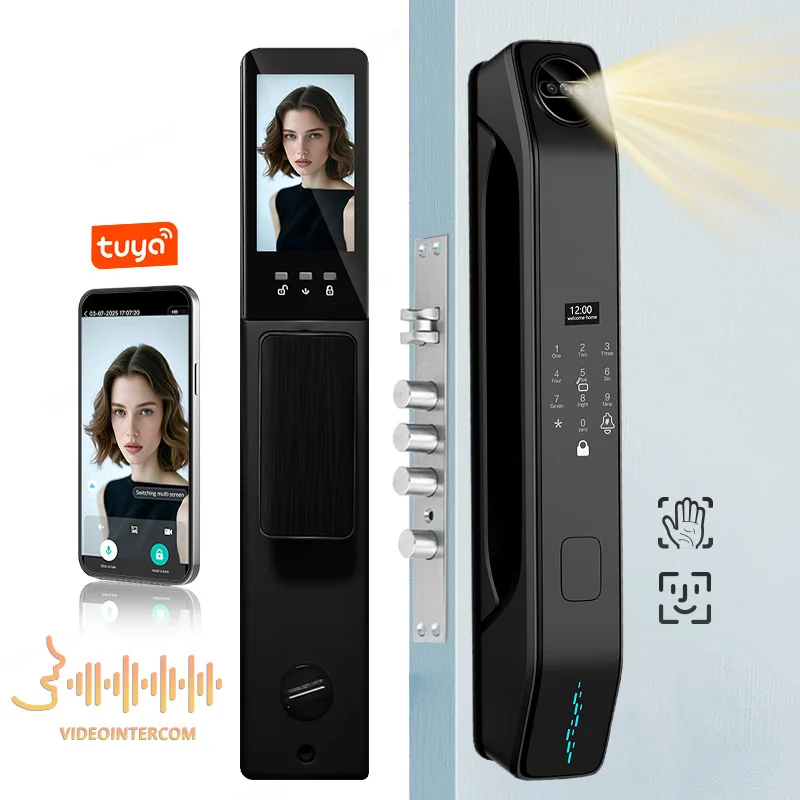 

Facial Recognition Video call Automatic Door Lock TUYA Front Door Fingerprint Smart Lock Digit Camera Visible Inner Screen 6068