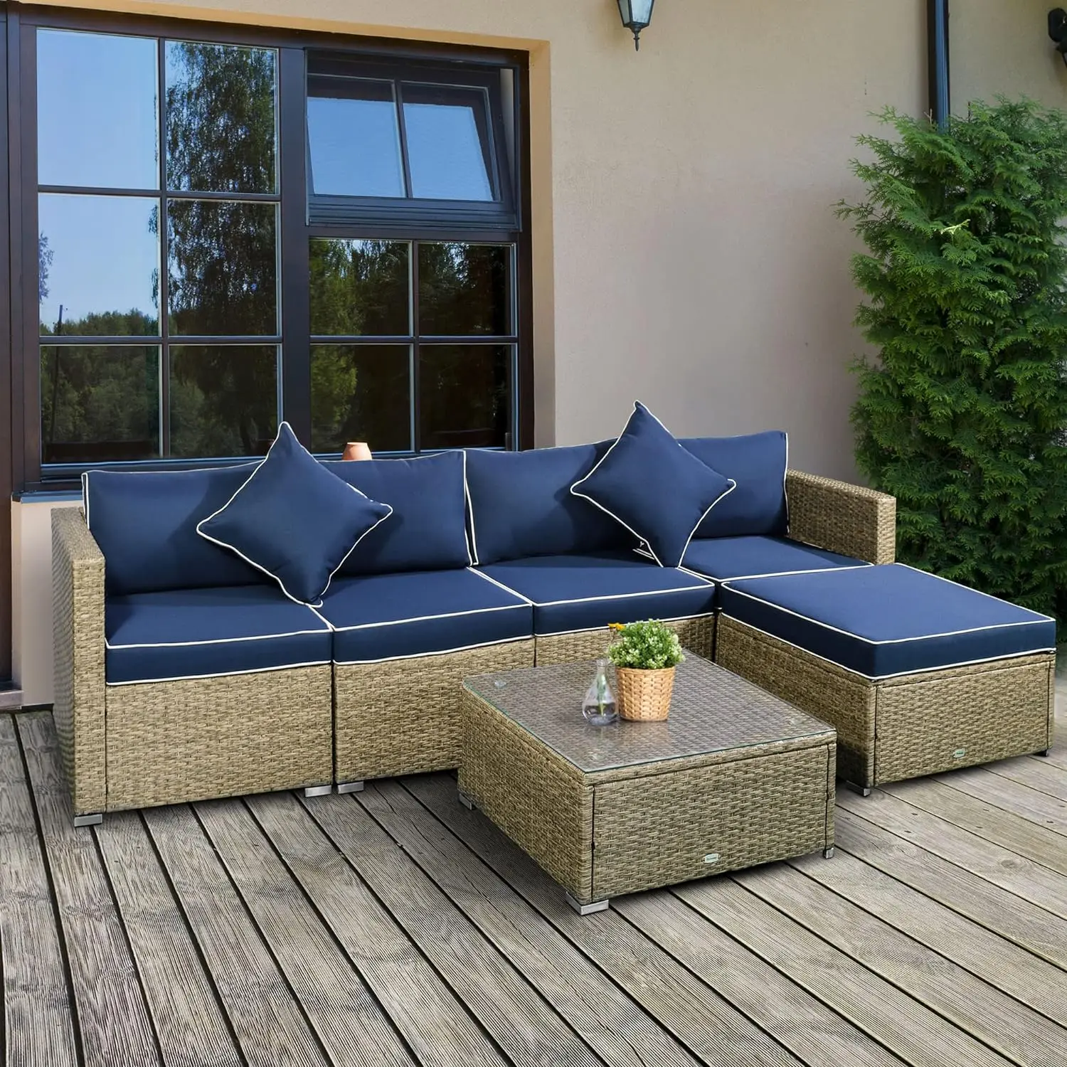 6 Piece Patio Set Outdoor Wicker Conversation Set PE Rattan Sectional Sofa Set with Ottoman,Cushions and Tempered Glass Table