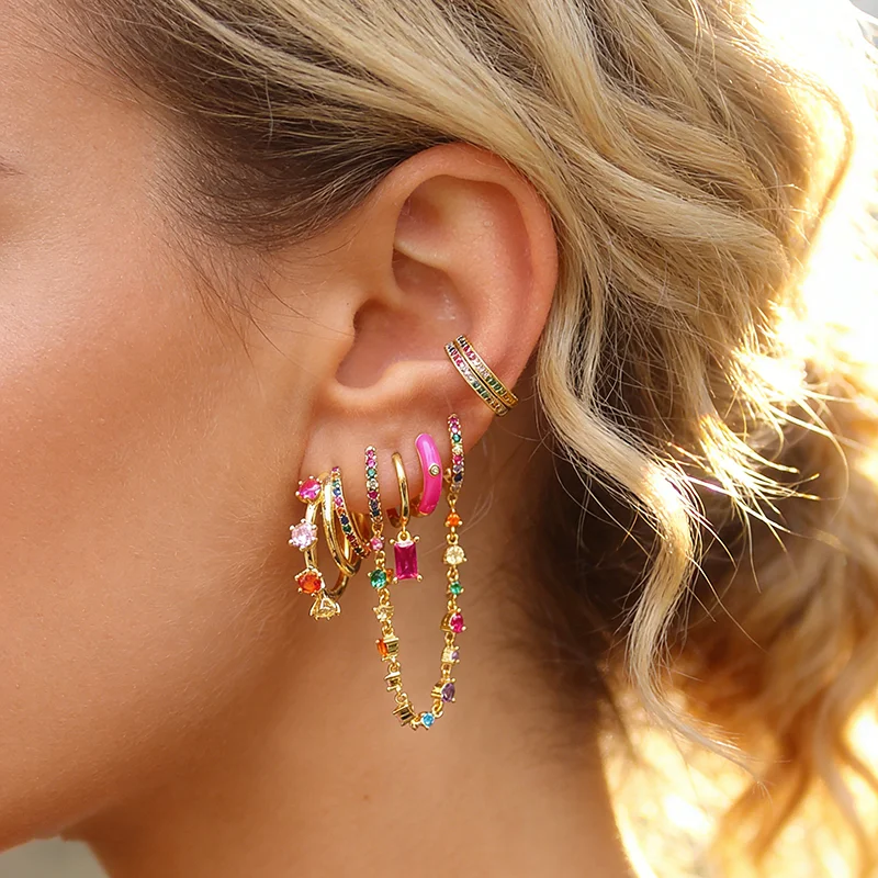 

TIANDE двойной цепочка-кольцо, висячие серьги, женские красочные серьги-гвоздики с цирконием, комплект женских вечерние ювелирные аксессуары