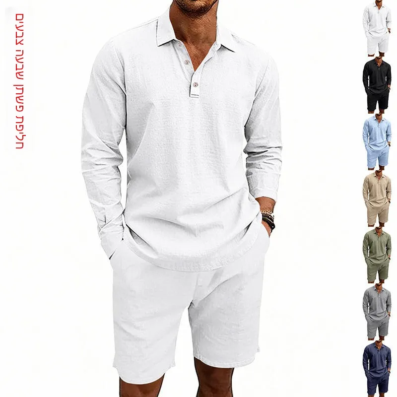 

Men's Linen Casual Loose Breathable Long Sleeve Short Pants Set Autumn Season Fashionable Youth Clothing Ensemble