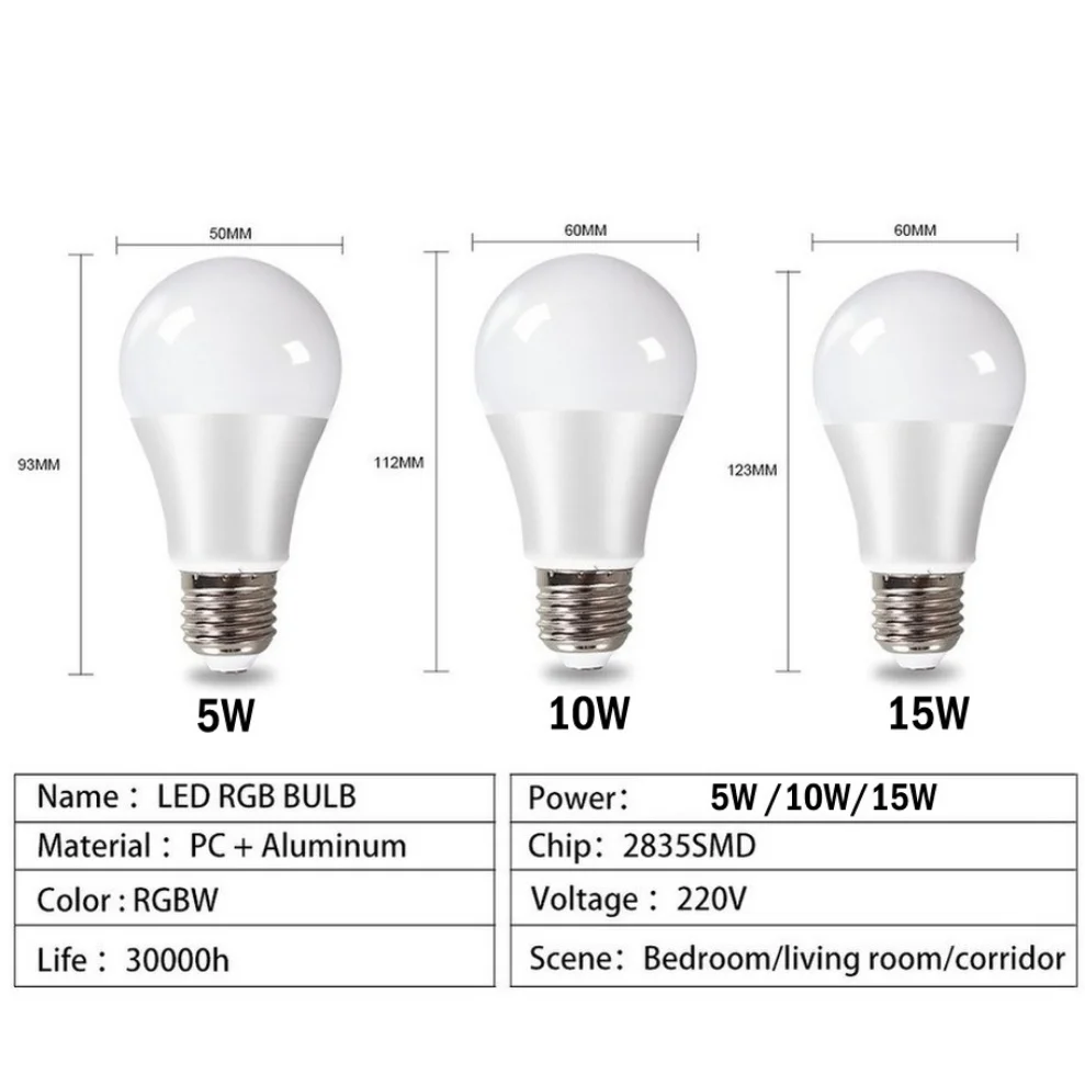 E27 Smart Control Lamp Led RGB Light с регулируемой яркостью 5 Вт 10 Вт 15 Вт RGBW Светодиодная лампа Красочная меняющаяся лампа Led Lampada RGBW Белый Декор для дома