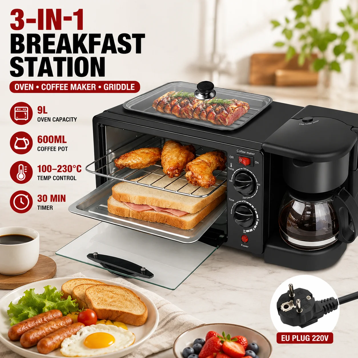 Máquina Multifuncional 3 en 1 para Desayunos, Horno de 9L, Sartén y Cafetera Combinados, Temporizador de 0-30 Minutos, 100-230V ° Estación de Desayuno Compacta Todo en Uno con Control de Temperatura para Cocina Doméstica