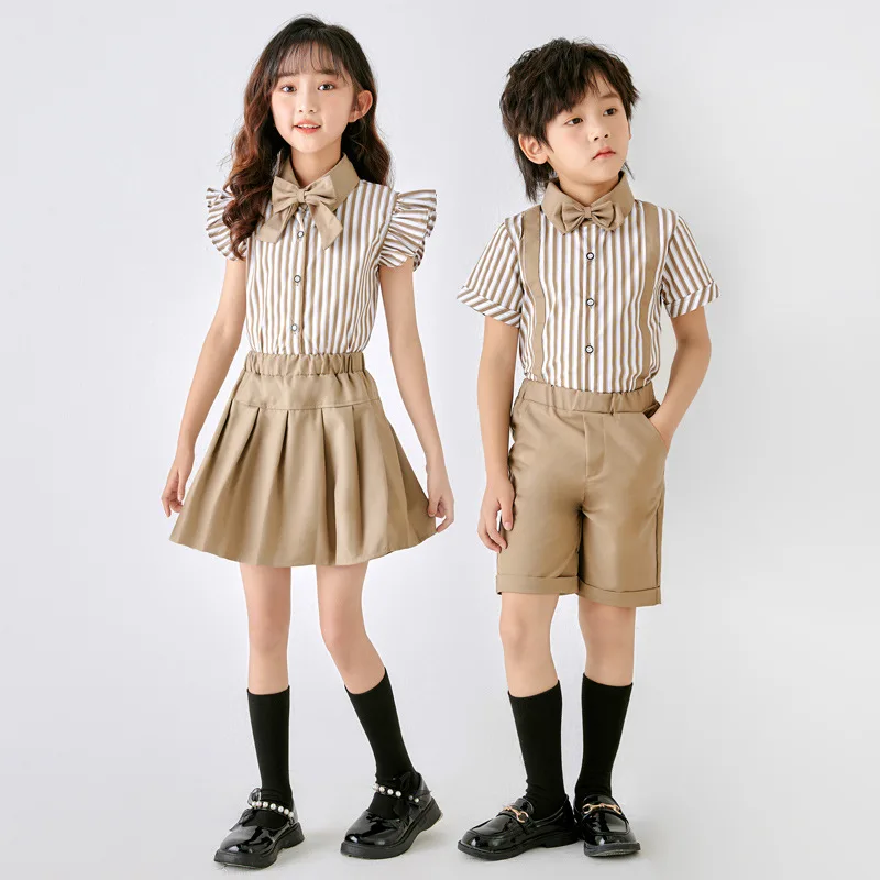 

Child Summer School Uniform Striped Suit Boys Girls Short-sleeved Shirt Pants Bowtie Clothes Kids Host Party Performance Costume