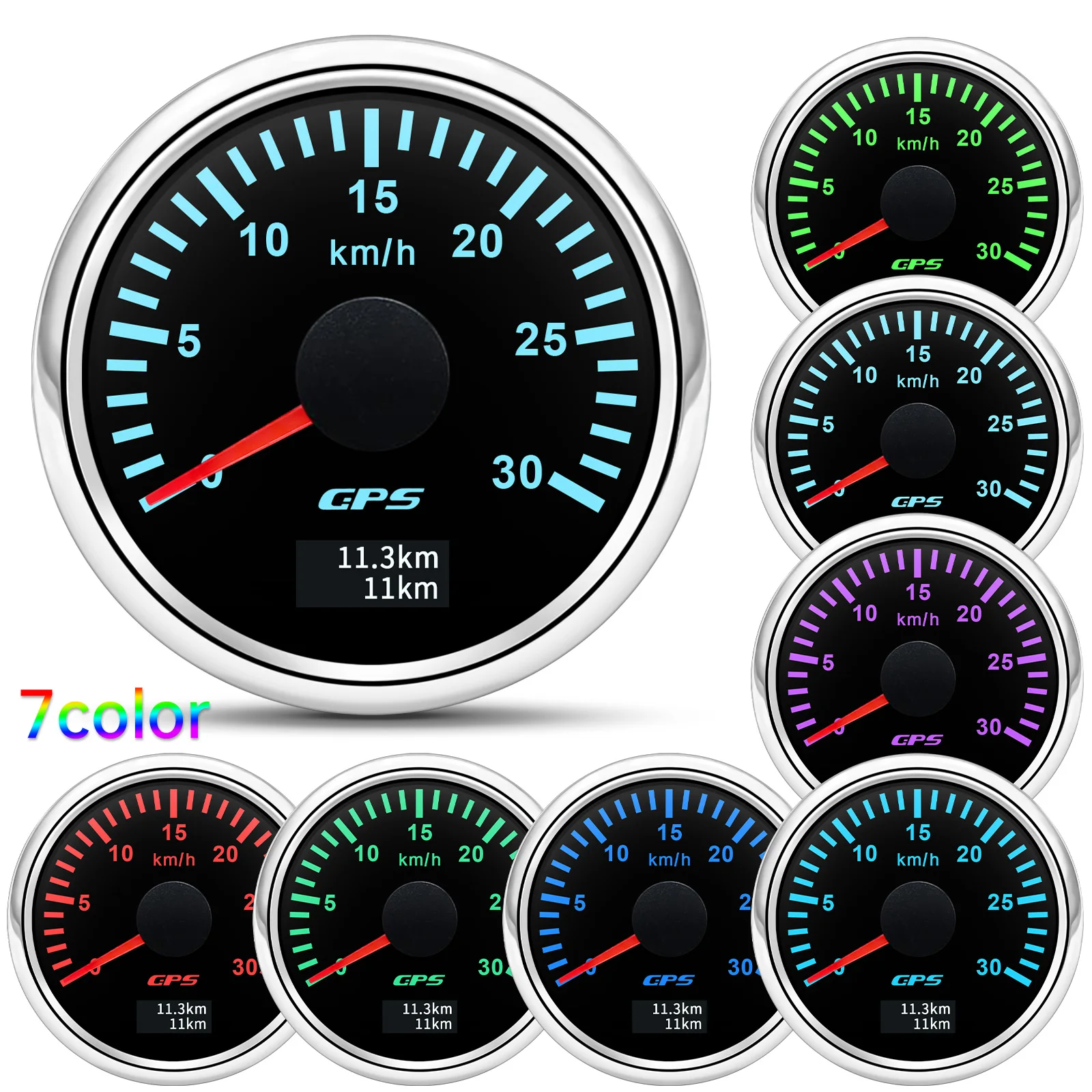 52 mm digitaler GPS-Tachometer + Antennen-Kilometerzähler, 7-Farben-Hintergrundbeleuchtung, universell für 12 V, 24 V, Auto, Boot, Marine, Motorrad, Yacht – Detail 2
