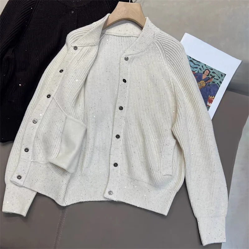 Bild 4: Damen-Cardigan, Neu Herbst 2026, Einreihiger Slim-Fit Damen-Langarm-Oberteil, Pailletten-Mischgewebe Damenmantel, Damenpullover