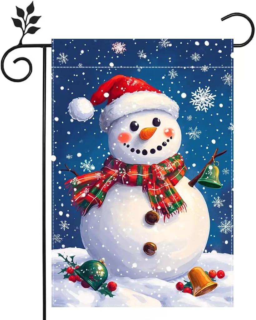 Winter Snowman Snowflake Garden Flag for Outside, Christmas Bell Welcome Yard Flag 12x18 Inch Double Sided Burlap Holiday Fa uui