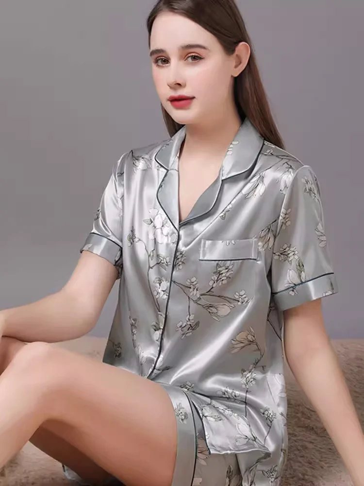 Pure Silk Loungewear Pjs Shorts Set Nightwear 100% Silk Women's Short Sleeve Sleepwear Summer Top & Shorts 2 Pieces Pajamas Set