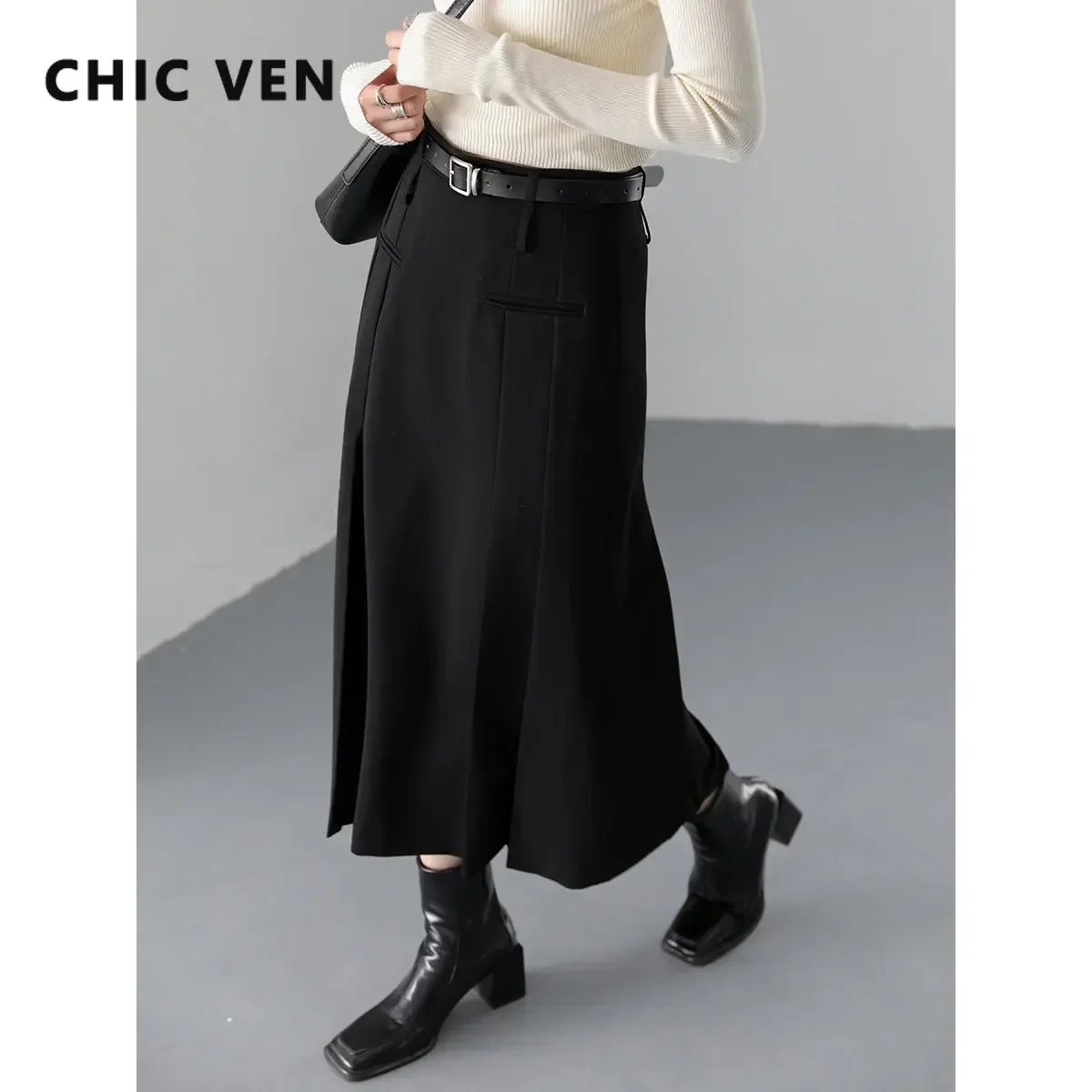 CHIC VEN British High Waist Pleated Solid A-line Skirt Women\'s Long Skirt Woman Clothes Outerwear Spring Autumn Fashion 2024