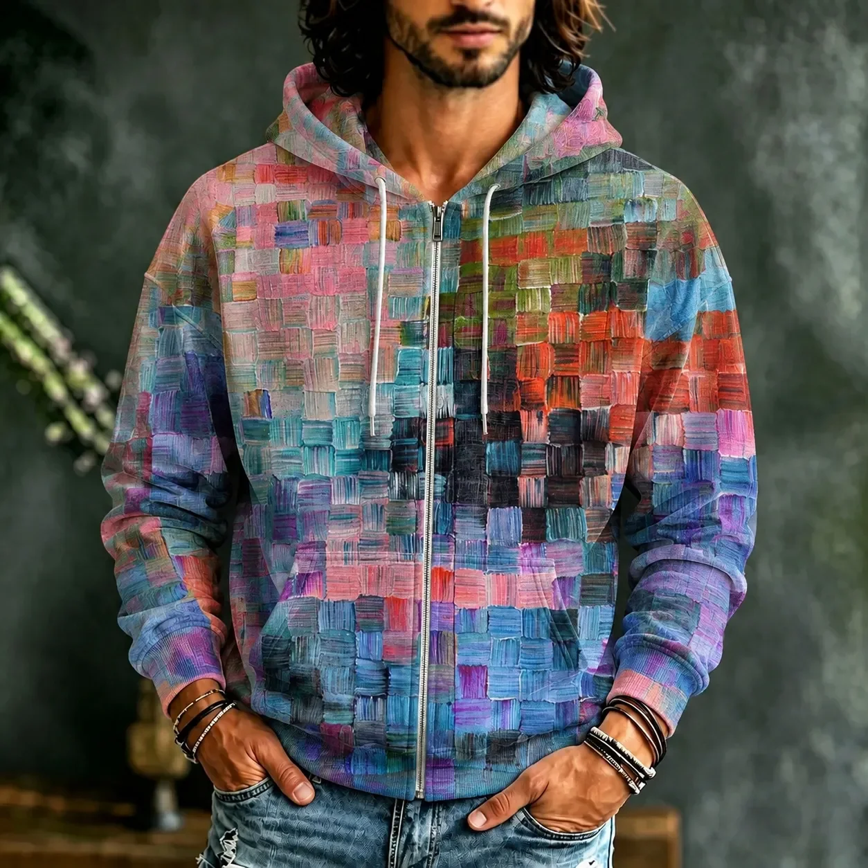 Men Full Zip Hoodie Sweatshirt Colorful Oil Painting Plaid Print Oversized Hooded Jacket Casual Streetwear Outerwear Tops