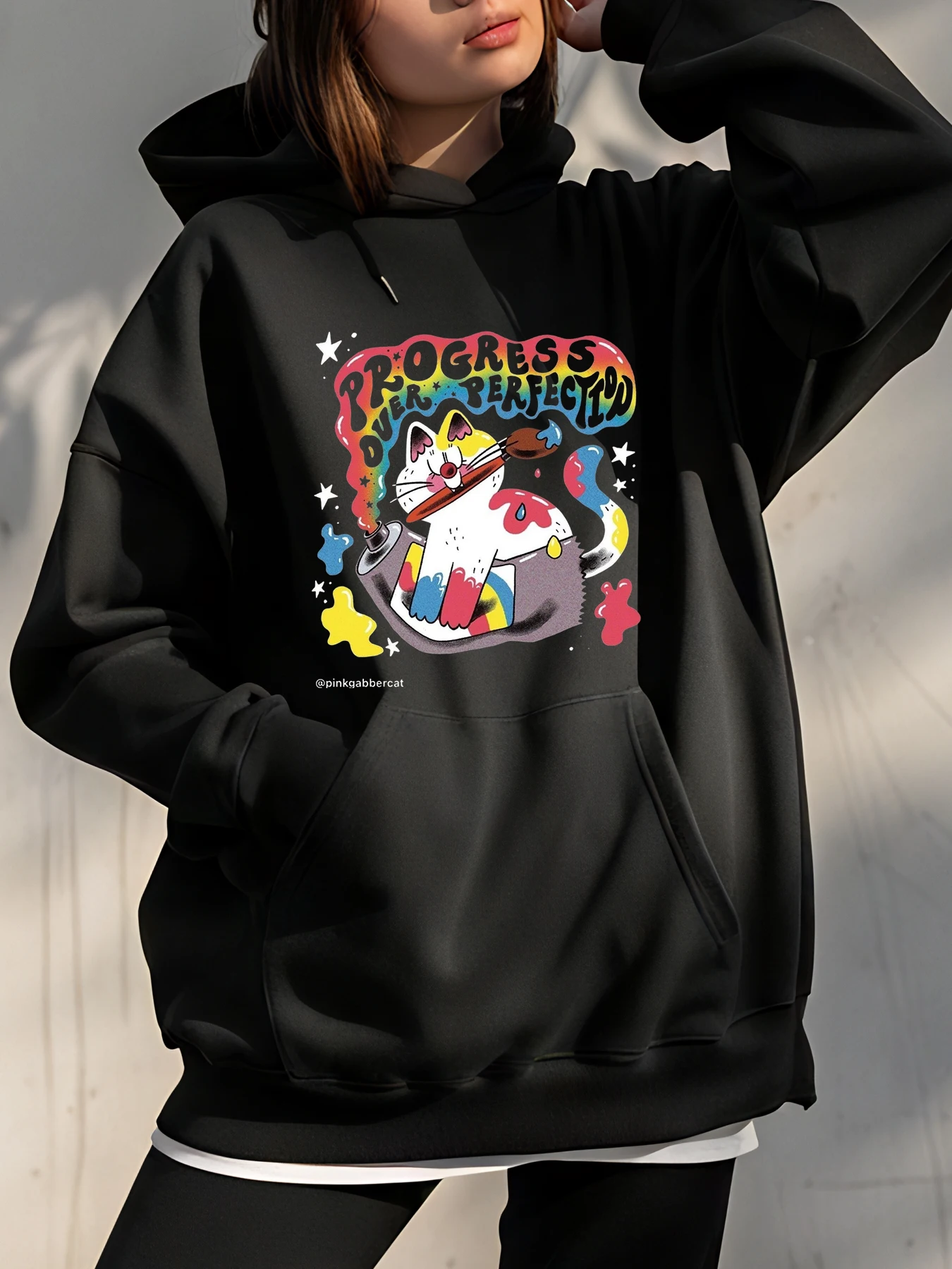 

Толстовка с милым котом Progress Over Perfection, толстовка унисекс с принтом, уличная модная молодежная повседневная одежда