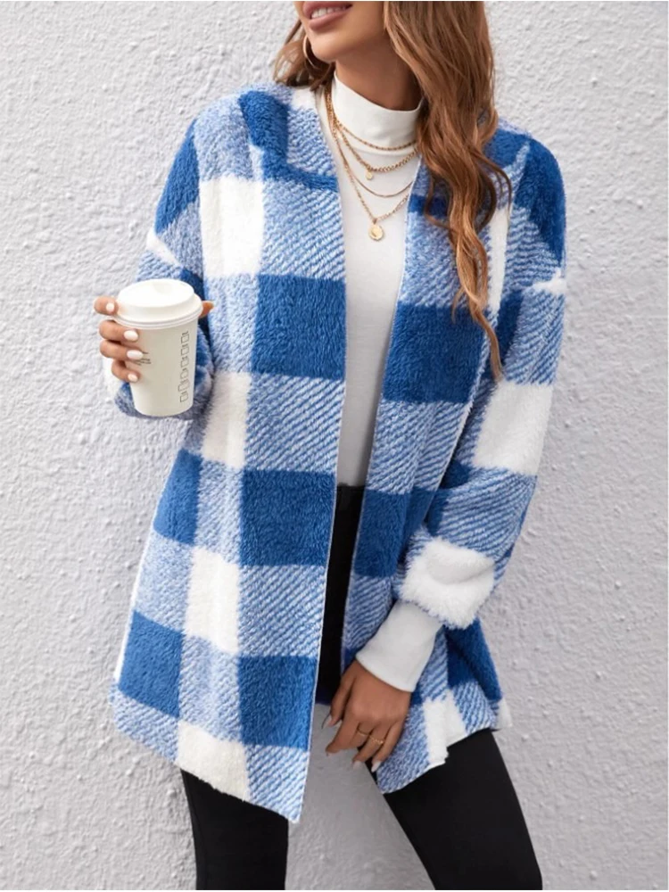 Trend Women Long Sleeve Pockets Long-Cut Coats Plaid Warm Lapel Plush Elegant Faux Fur Outwear Loose Winter Women Fashion Coat