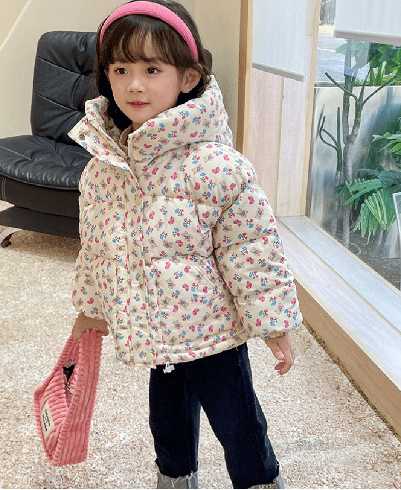 Girls Padded Floral Coats Winter Thick Plus Velvet Jackets Kids Down Hooded Cotton Clothes Children Print Outerwear Snowsuit