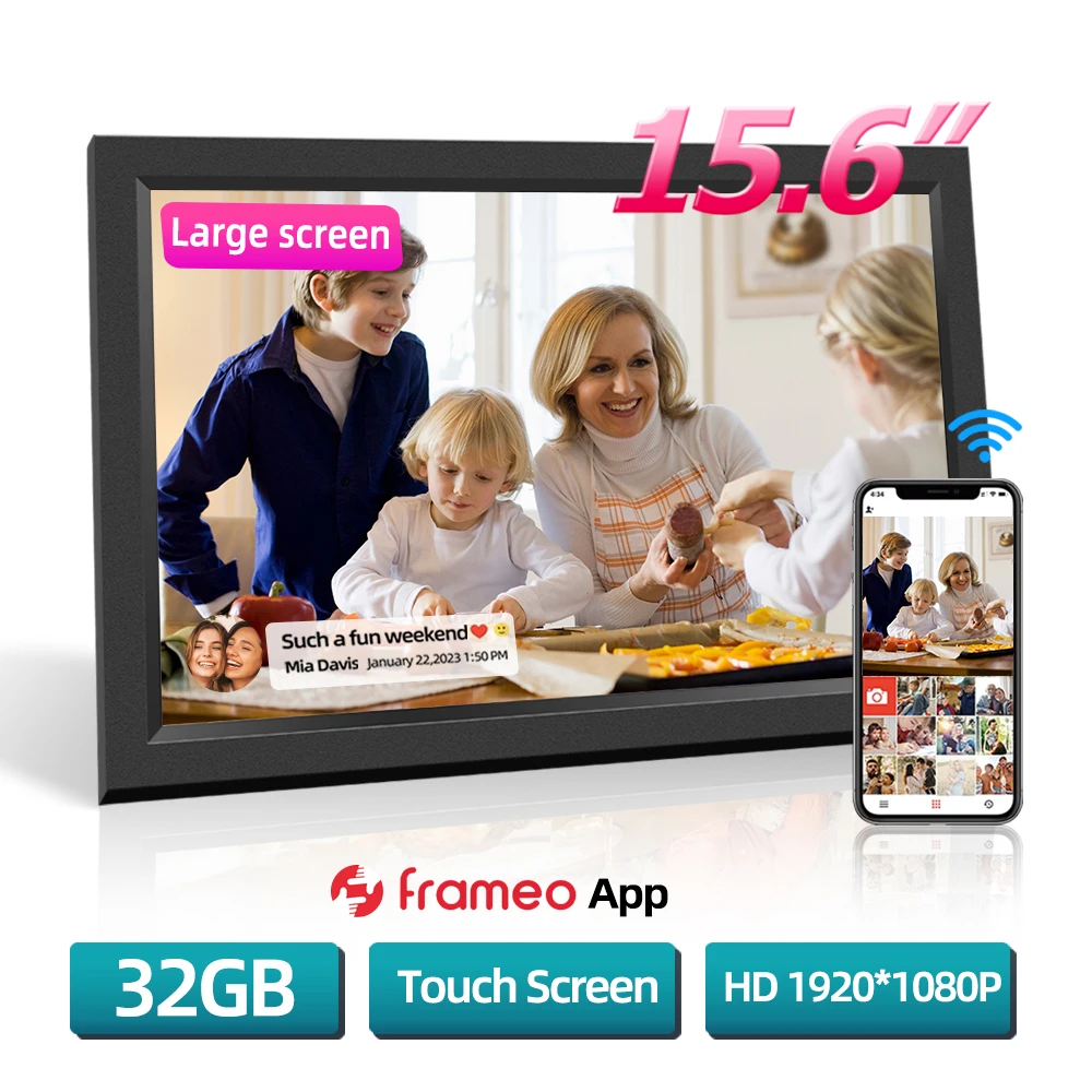 

15.6-inch WiFi digital image frame, 32 GB smart digital photo frame, 1920 x 1080 IPS HD touch screen Frameo APP