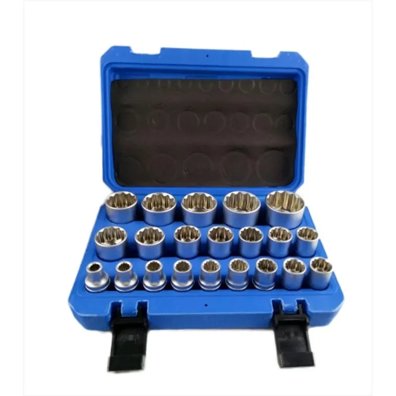 21PC 6/12 Corners  Socket Wrench Set Lock Socket Torx Hex Torx Splined Bit Socket Set 1/2” Hex Socket Repair Tool Kit 8-32mm