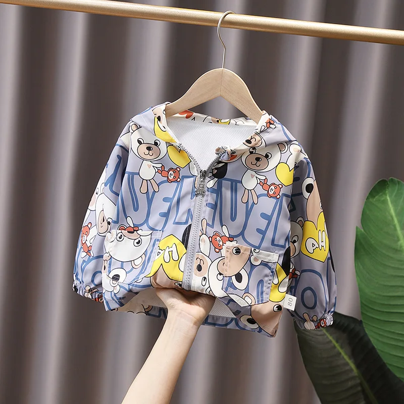 Korean Spring Autumn Toddler Boys Coat Cartoon Printed Hooded Zipper Loose Kids Boys Windbreaker Coat Baby Boys Jacket