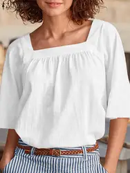 ZANZEA-Blusa de media manga con cuello cuadrado para mujer, blusa informal de color liso, a la moda, para verano, fiesta, trabajo, 2023