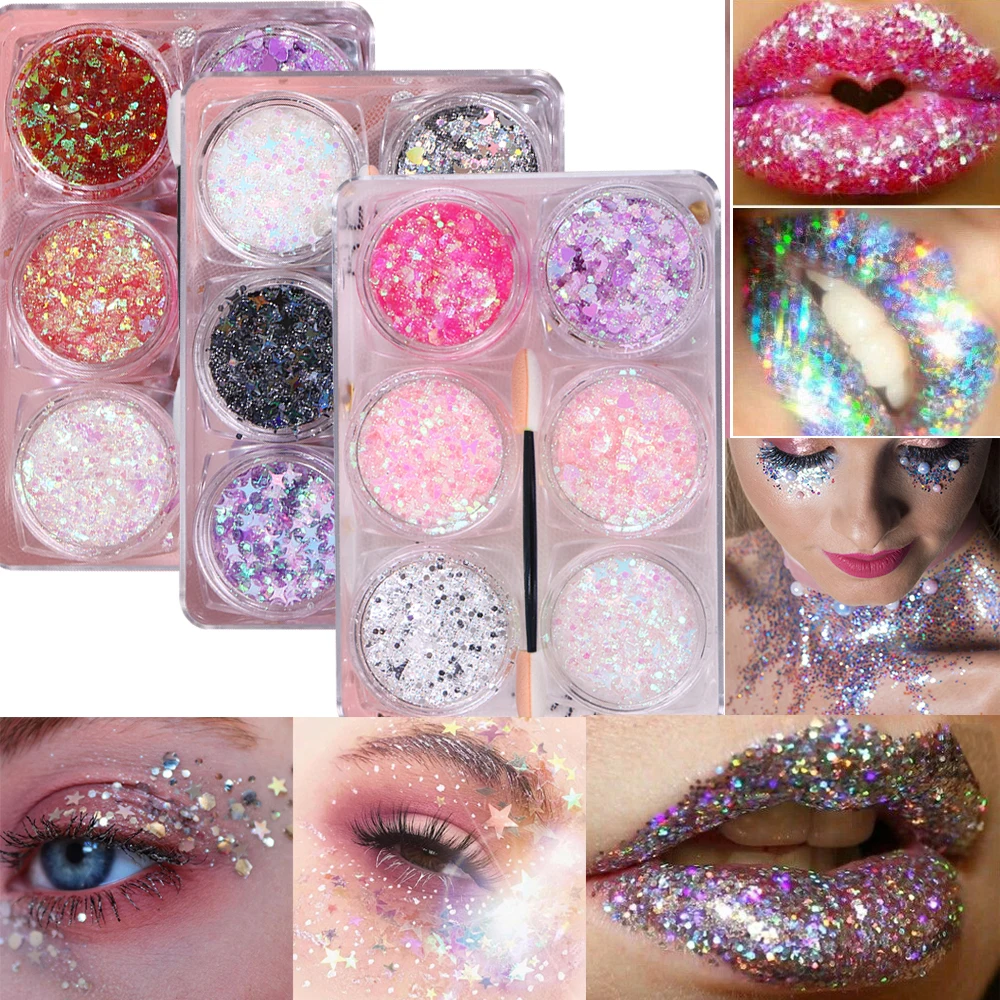 6Jars Festival Body Glitter Gel Nail Hair Face Flash Eye Loose Sequin Cream Diamond Jewels DIY Lips Eye Glitter for Makeup Party