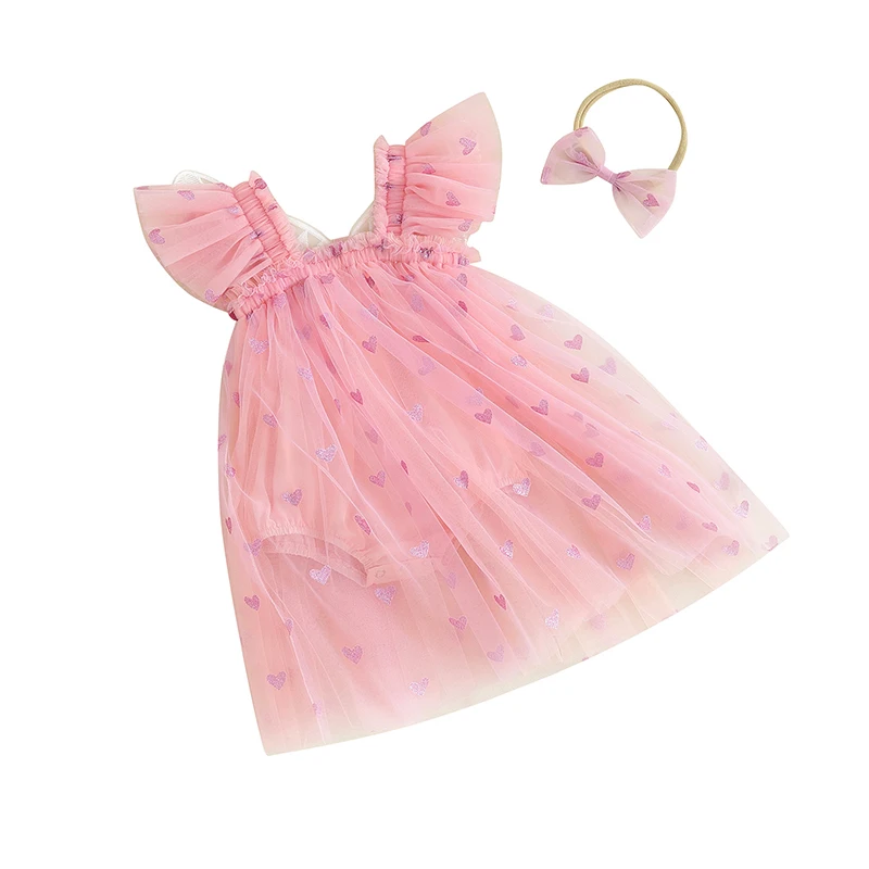 

Newborn Baby Girl Dress Butterfly Wings Fairy Tulle Tutu Dress Fly Sleeve Heart Print Romper Dress Summer Clothes