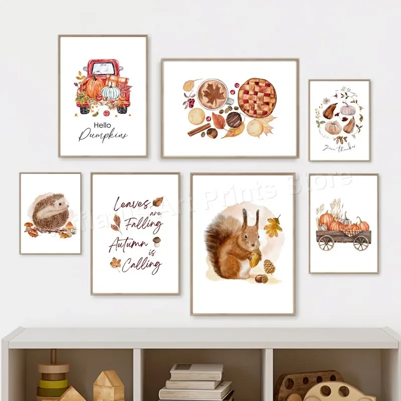 Autumn Pumpkin Truck Squirrel Hedgehog Fallen Leaves Foods Posters Of Wall Art Canvas Prints Pictures Aesthetics Room Home Decor